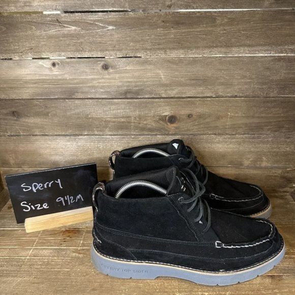 Mens Sperry Plushwave Lug‎ Chukka Black Suede Leather Ankle Boots Size 9.5 M EUC - Picture 1 of 6